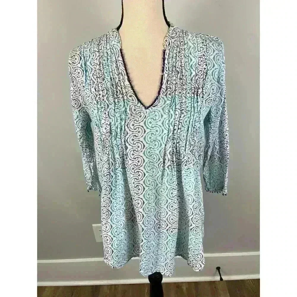 Roberta Roller Rabbit Geometric Blue Beaded Blouse V Neck 3/4 Sleeve Women's S